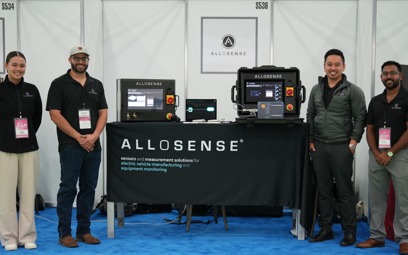 AlloSense team at a trade-show booth with test equipment